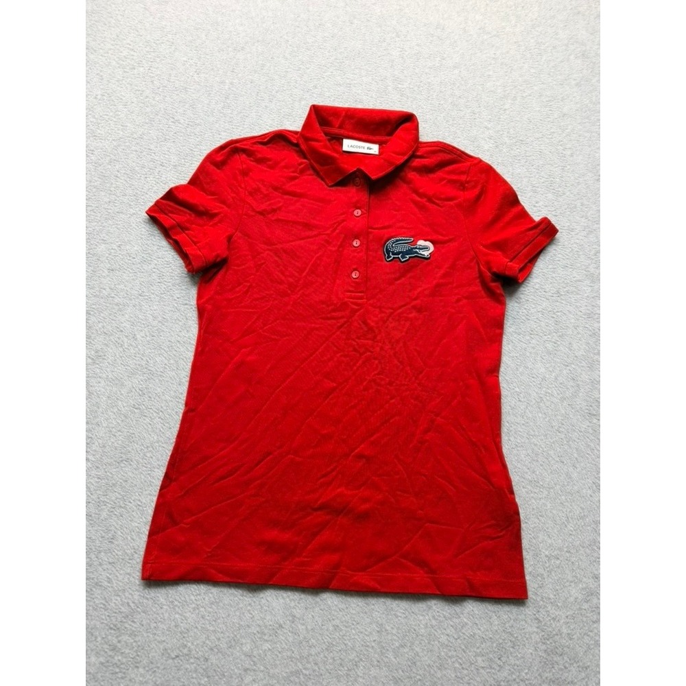 Lacoste Womens Red Short Sleeve Polo Shirt Big Croc Logo Size 38 Slim Fit